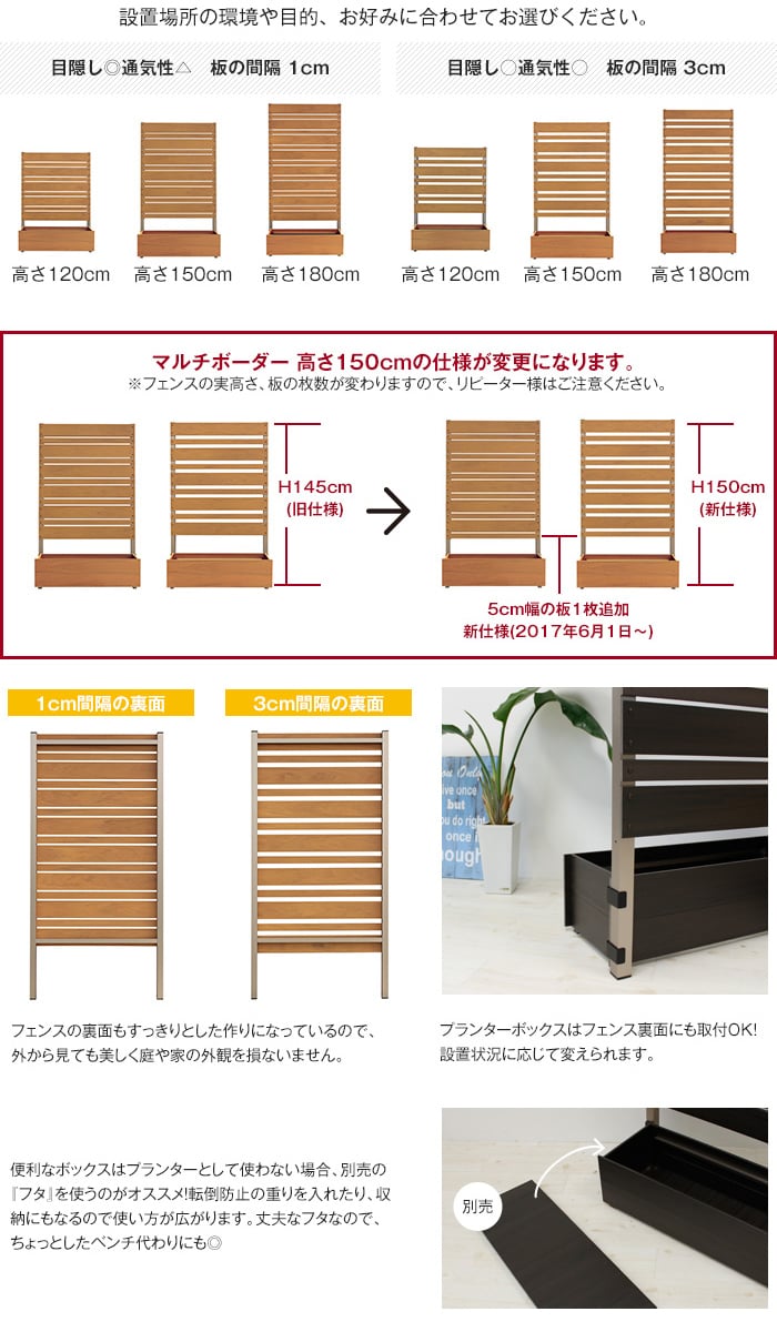 簡単設置 【樹脂製】ボックス付きフェンス マルチボーダー 1cm間隔 幅90cm×高さ120cm