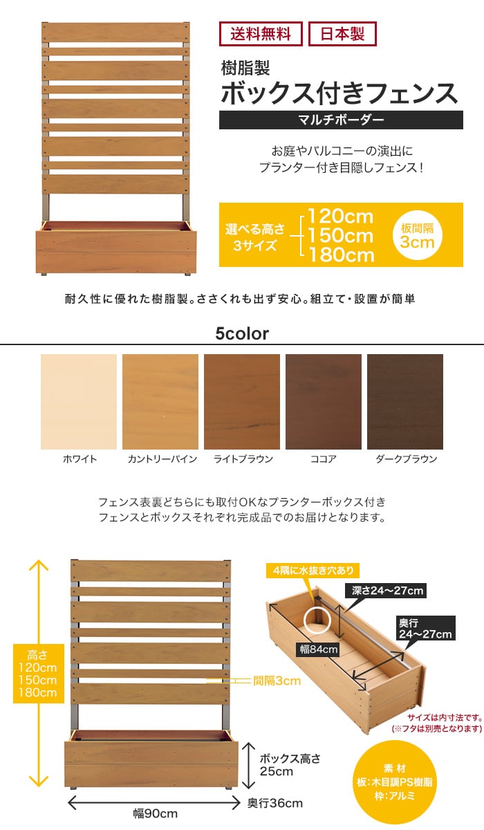 簡単設置 【樹脂製】ボックス付きフェンス マルチボーダー 3cm間隔 幅90cm×高さ120cm