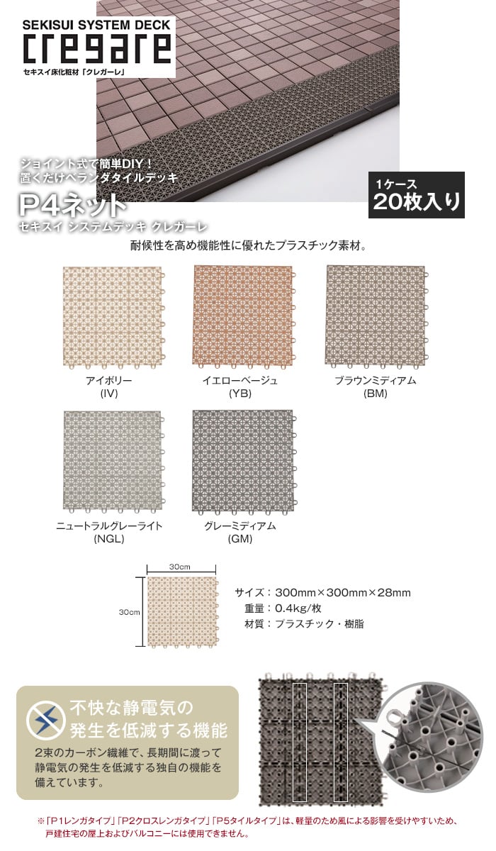 セキスイ クレガーレ システムデッキ cregare プラスチック P4ネット 20枚入 300mm×300mm×28mm