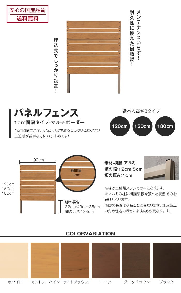 お庭の目隠し、ガーデニングに! 本格DIY【樹脂製】パネルフェンス単体 マルチボーダー 1cm間隔 幅90×高さ120cm