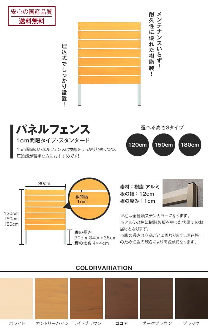 お庭の目隠し、ガーデニングに! 本格DIY【樹脂製】パネルフェンス単体 スタンダード 1cm間隔 幅90×高さ120cm