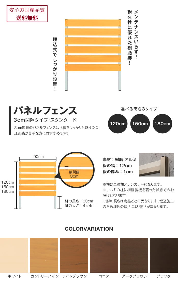 お庭の目隠し、ガーデニングに! 本格DIY【樹脂製】パネルフェンス単体 スタンダード 3cm間隔 幅90×高さ150cm