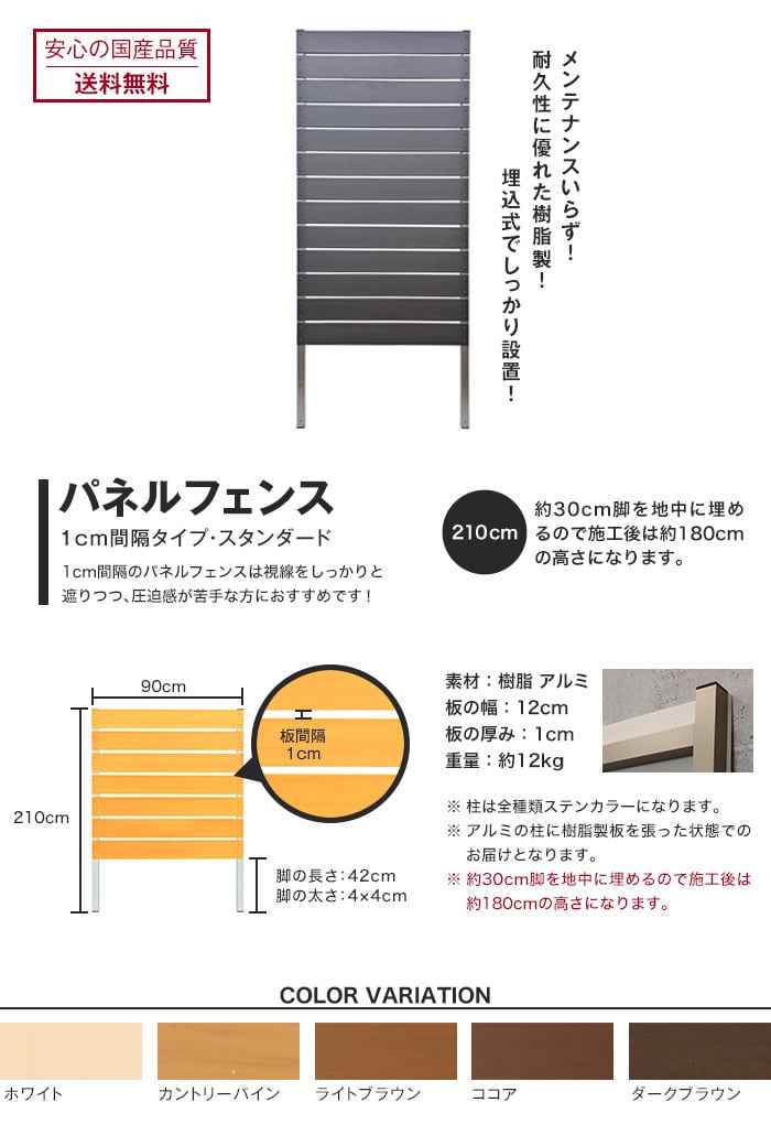 お庭の目隠しに本格DIYフェンス 【樹脂製】パネルフェンス スタンダード 1cm間隔 幅90×高さ210cm