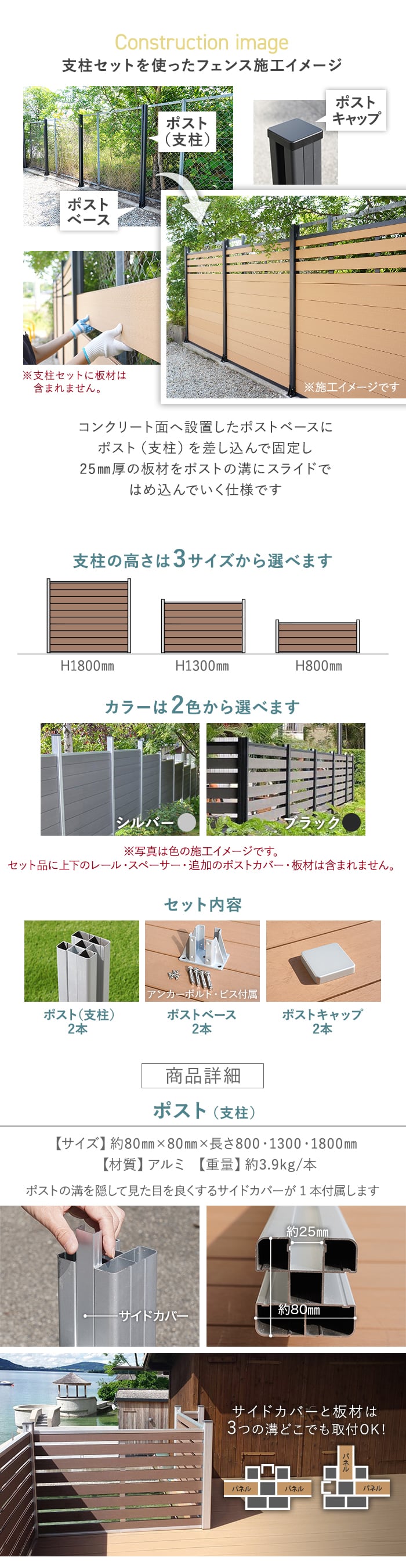 支柱セットを使ったフェンス施工イメージ