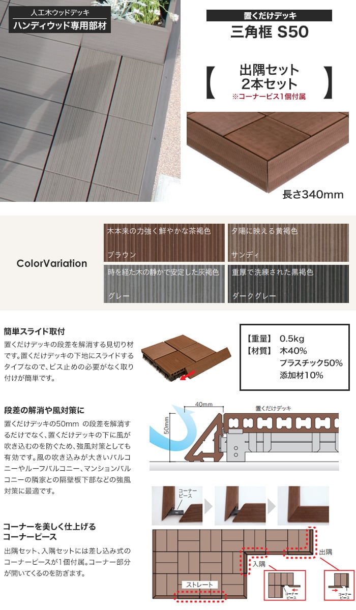 ハンディウッド 置くだけデッキ 三角框 S50 【出隅セット】 長さ340mm