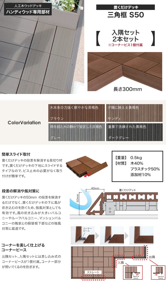 ハンディウッド 置くだけデッキ 三角框 S50 【入隅セット】 長さ300mm