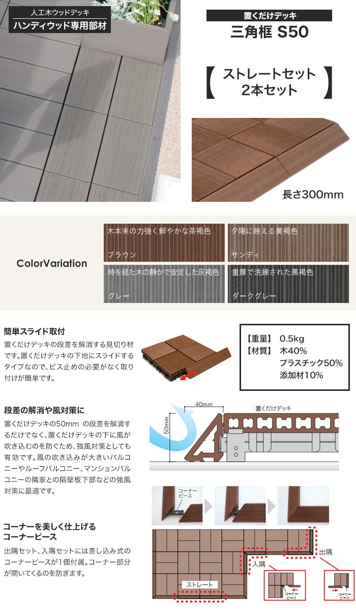 ハンディウッド 置くだけデッキ 三角框 S50 【ストレートセット】 長さ300mm