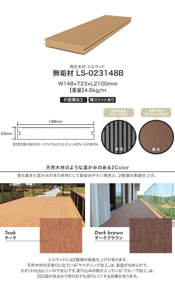 人工木ウッドデッキ L Wood (エルウッド) 無垢材 LS-023148B (片面溝加工/横スリットあり)