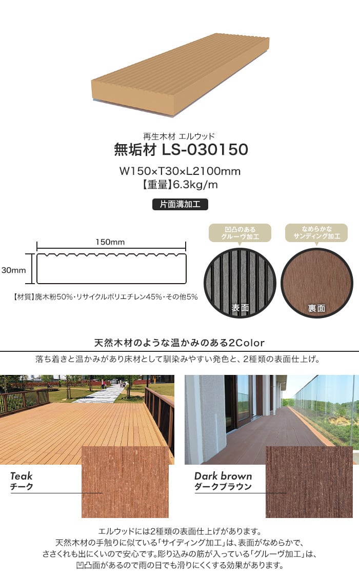 人工木ウッドデッキ L Wood (エルウッド) 無垢材 LS-030150 (片面溝加工)