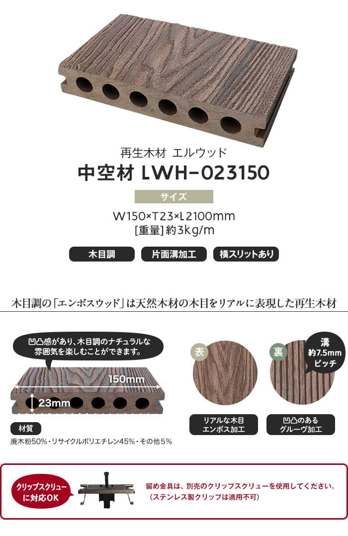 人工木ウッドデッキ L Wood (エルウッド) 木目調 中空材 LWH-023150 (片面溝加工 / 横スリットあり)