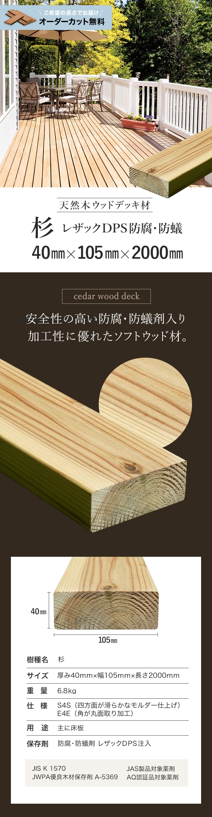 安全性の高い防腐・防蟻剤入り加工性に優れたソフトウッド材。
