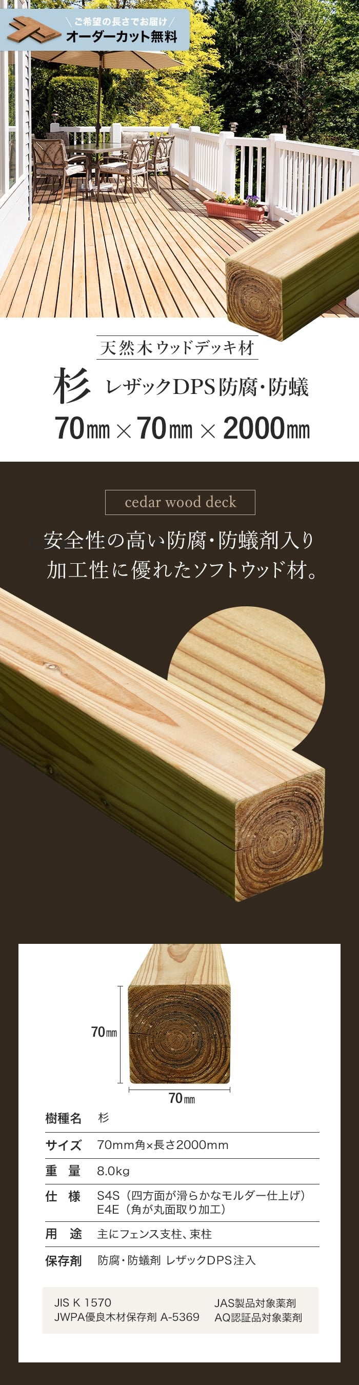 安全性の高い防腐・防蟻剤入り加工性に優れたソフトウッド材。