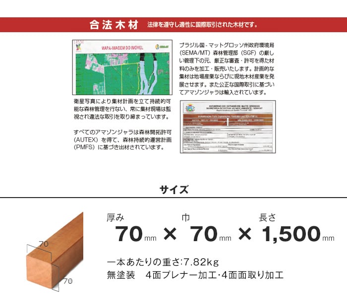 ウッドデッキ マニルカラ（アマゾンジャラ） 無塗装 70×70×1500