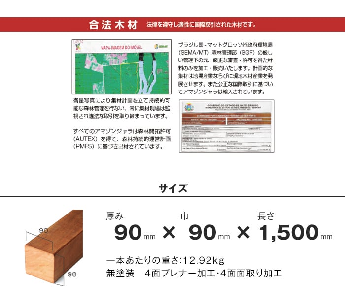 ウッドデッキ マニルカラ（アマゾンジャラ） 無塗装 90×90×1500