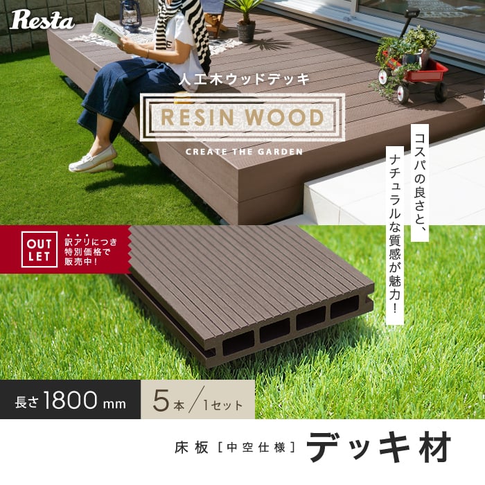 【訳ありアウトレット】RESIN WOOD デッキ材(床板) 中空仕様 長さ1.8m 5本セット