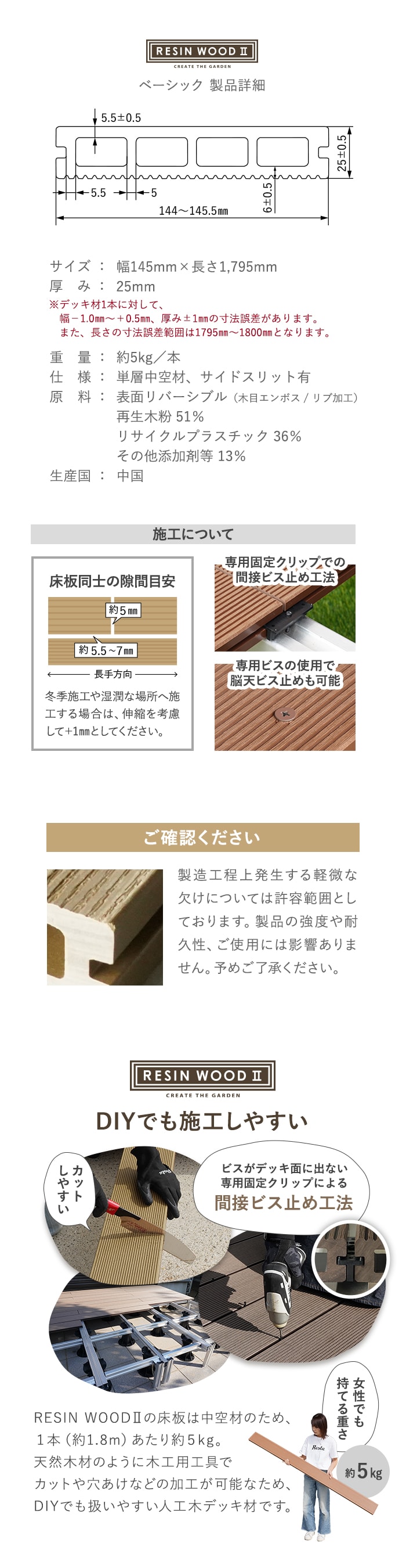人工木ウッドデッキ RESINWOOD2 ベーシック 床板 (中空仕様) 145×25×1795mm
