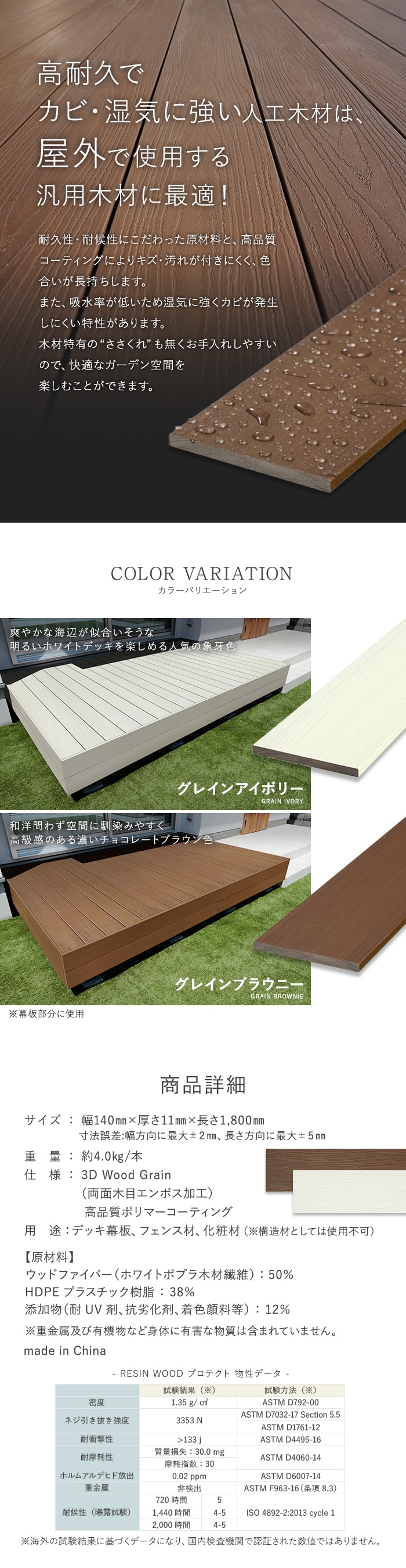 高耐久で、カビ・湿気に強い人工木材は、屋外で使用する汎用木材に最適！