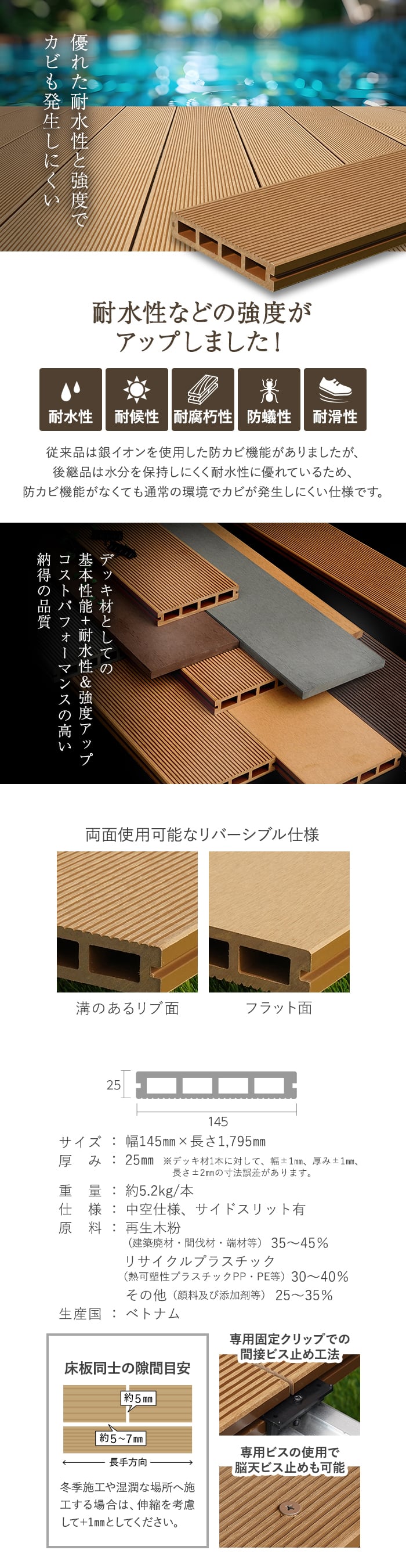 人工木デッキ材RESINWOOD2（レジンウッド）の商品詳細。耐水性・強度がアップしました！