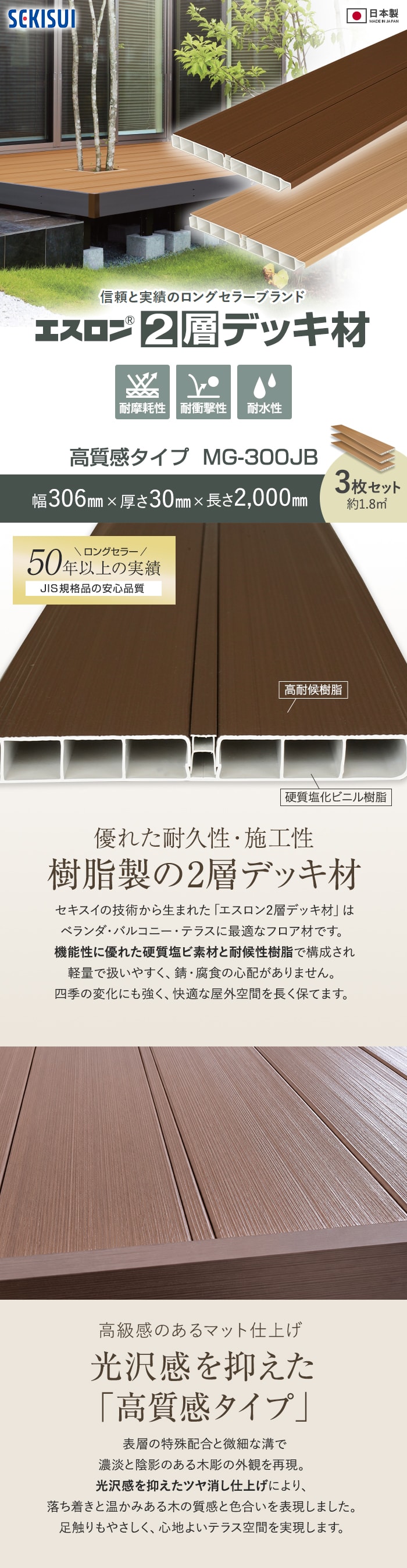 セキスイ エスロン 2層デッキ材 高質感タイプ 2m×3枚入 MG-300JB 高耐候 樹脂製