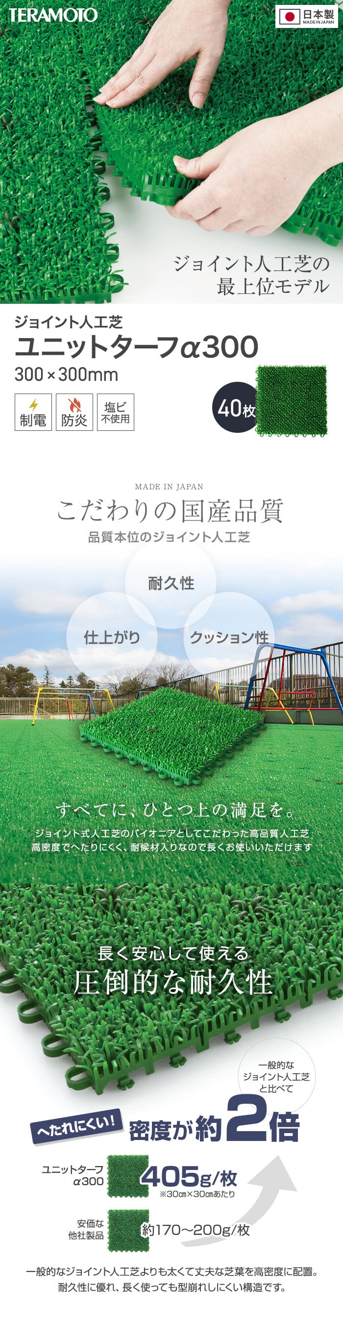 テラモト ジョイント人工芝タイル ユニットターフ α300 緑 300×300mm 40枚
