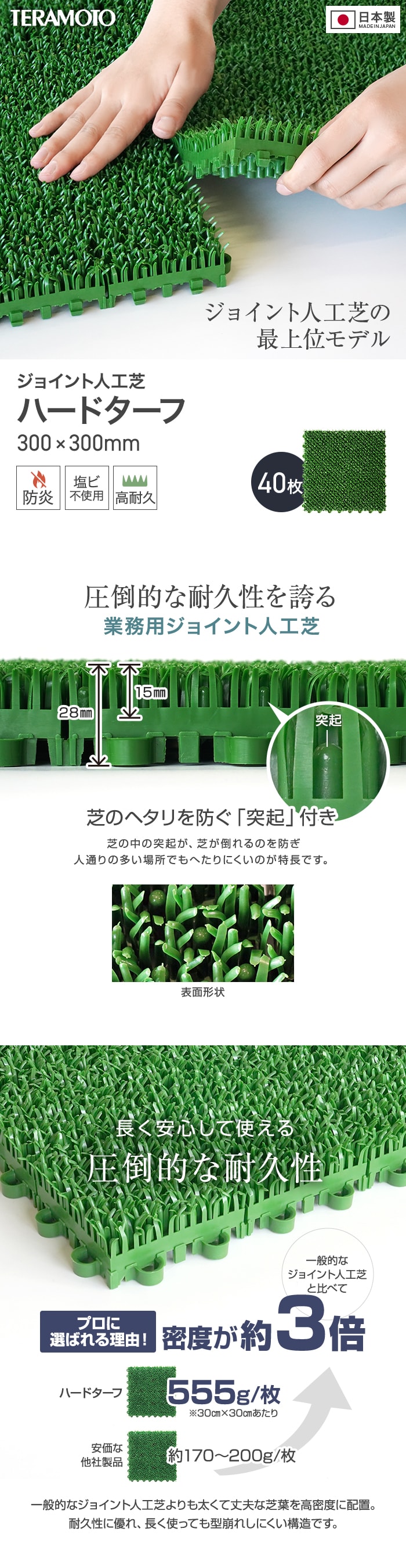 テラモト ジョイント人工芝タイル ハードターフ 緑 300×300mm 40枚