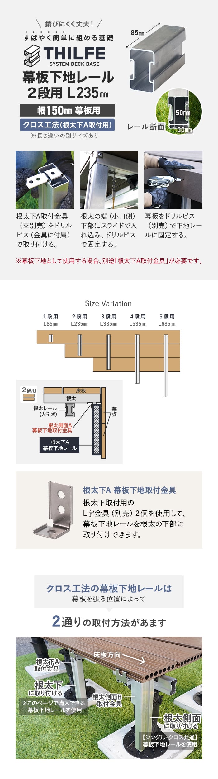 幕板下地レール2段用 L235 m