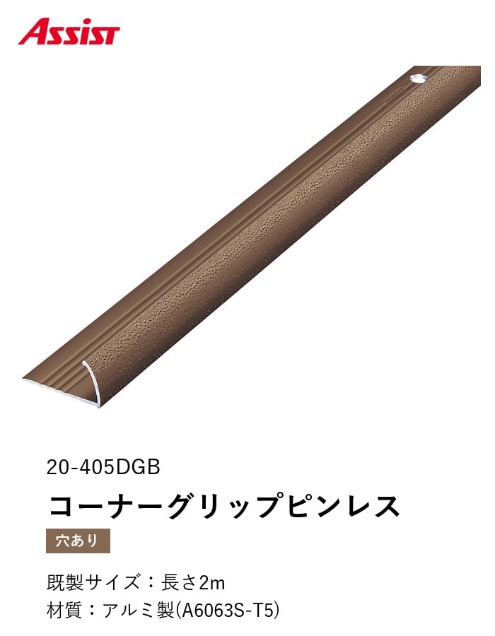 カーペット見切り アルミ コーナーグリップピンレス(直線用) 20-405DGB 穴有(対応厚み:~11.5mm) 既製サイズ 2m