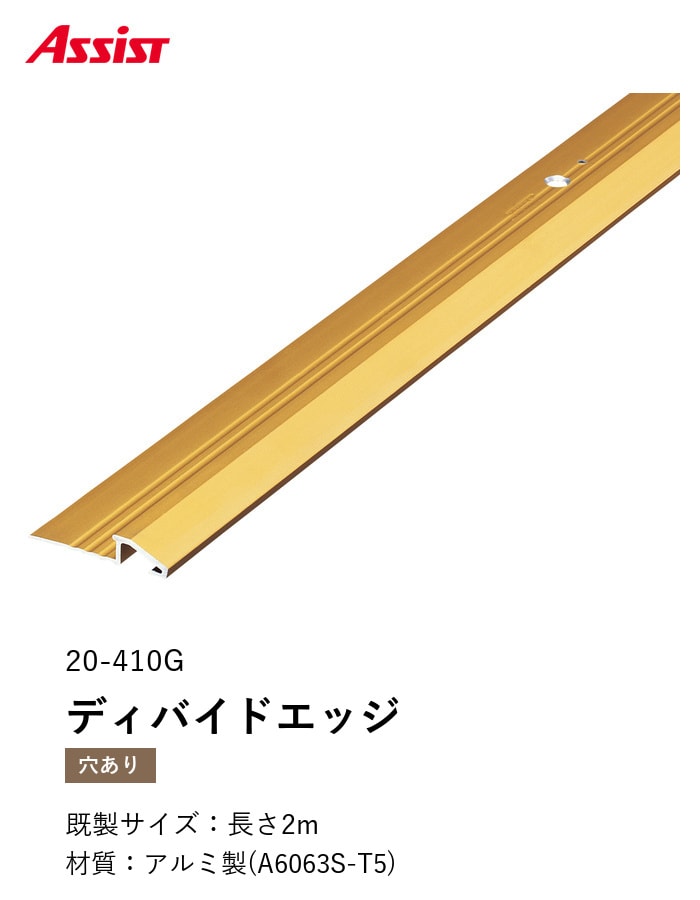 カーペット見切り アルミ ディバイドエッジ 20-410G 穴有(対応厚み:~6mm) 既製サイズ 2m