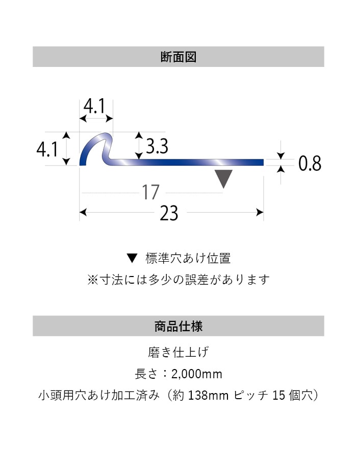 床見切り パスタライン ステンレス製 20-413ST 穴有（対応厚み：～3.3mm） 既製サイズ 2m