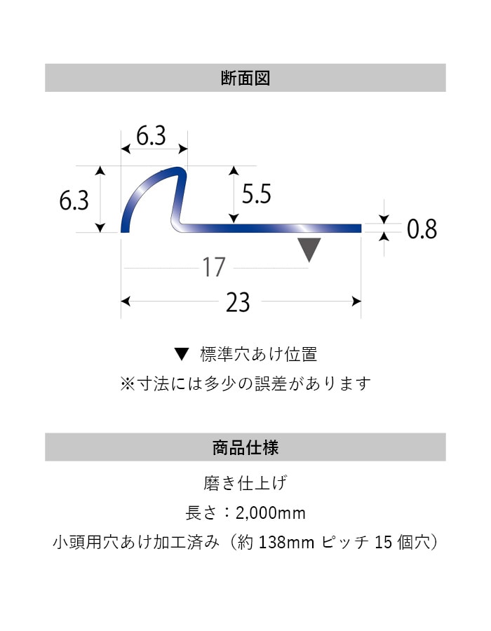 床見切り パスタライン ステンレス製 20-414ST 穴有（対応厚み：～5.5mm） 既製サイズ 2m